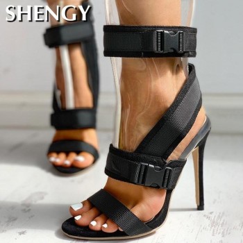 Sandals Transparent Gladiator Pumps Summer Ladies High Heels Open Toe Shoes Buckle Strap Black Stiletto Roman Sandals